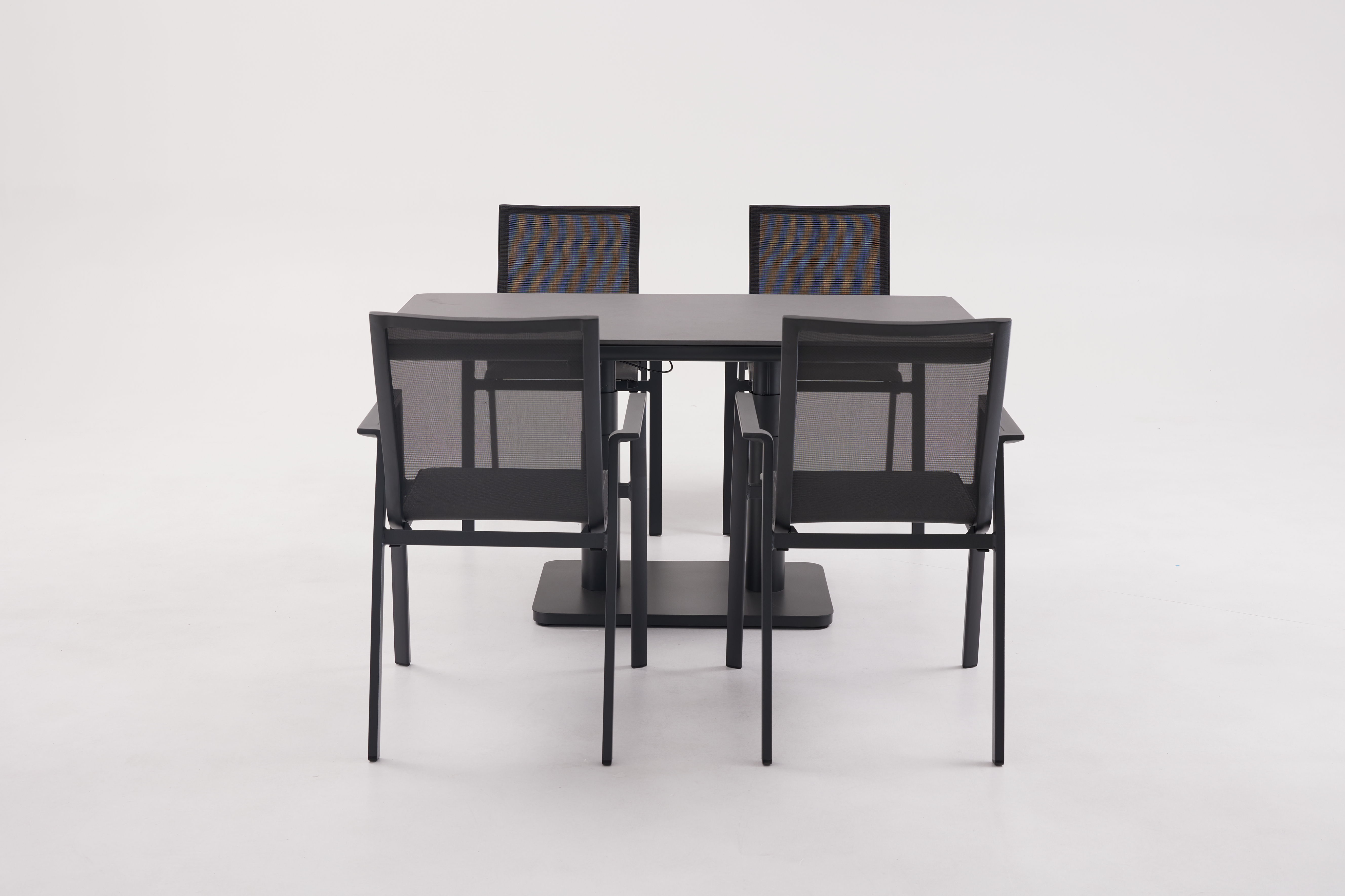 Esstischset, Tisch mit Stühlen, Metallrahmen, Grau, Mesh-Sessel