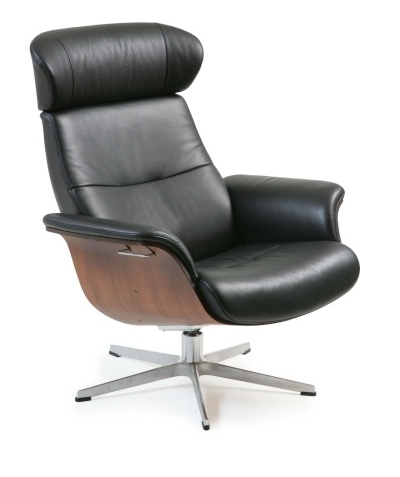 Sessel, Lehnstuhl, Schwarz, Leder, Holz-Finish