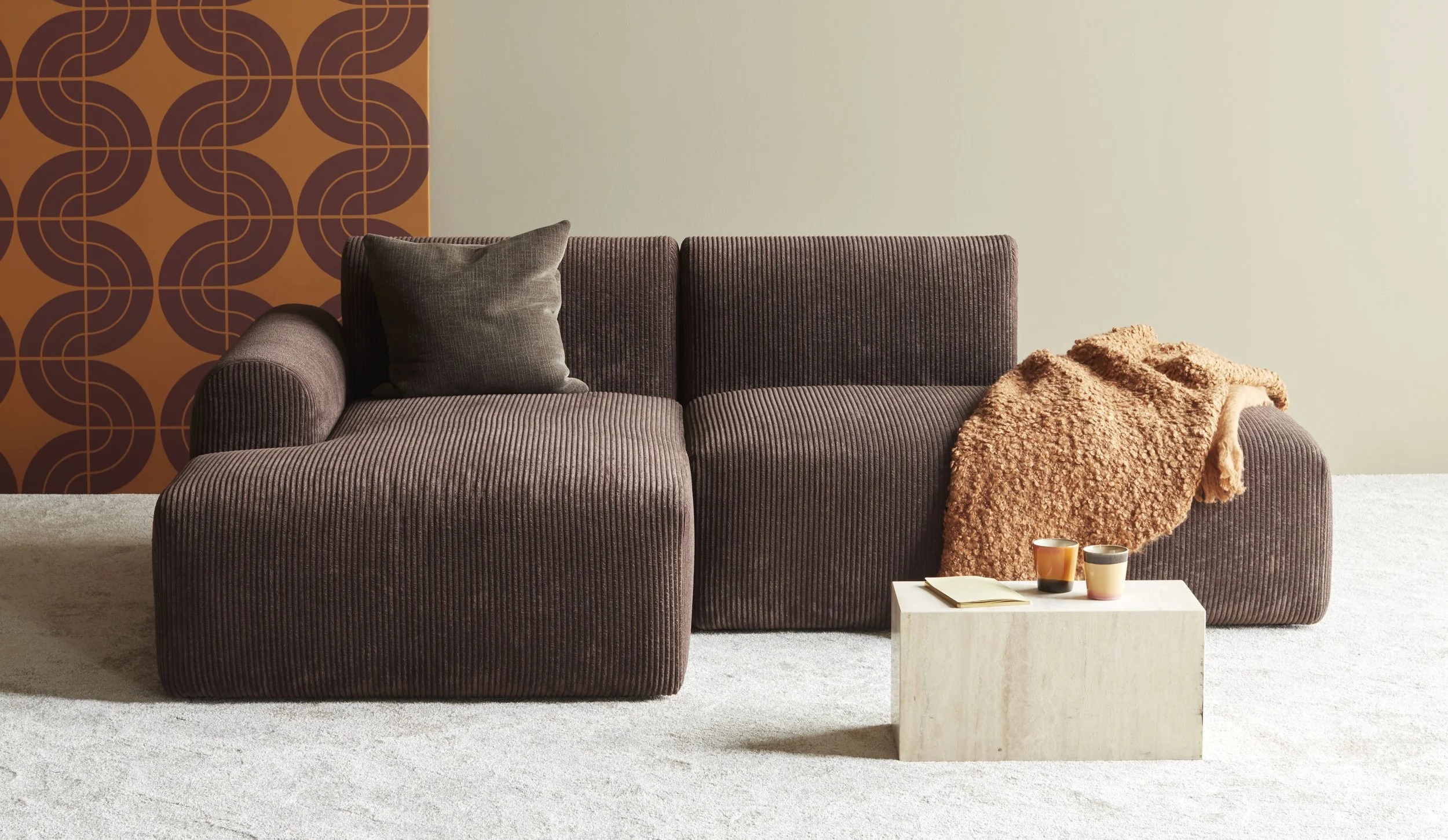 Sofa, Sofa-Landschaft, Samtstoff, Braun, Kuschelschal