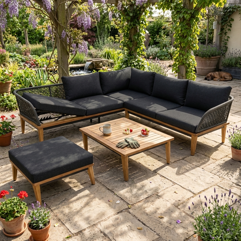 Gartenmöbel, Outdoor-Sofa, gepolsterte Sitzgruppe, Holzrahmen, Kaffeetisch
