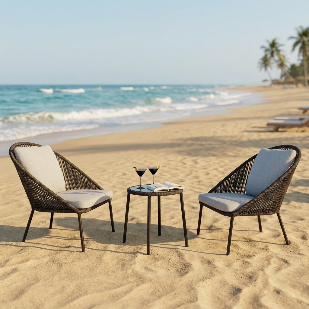 strand, gartenmöbel, sessel, tisch, cocktailgläser